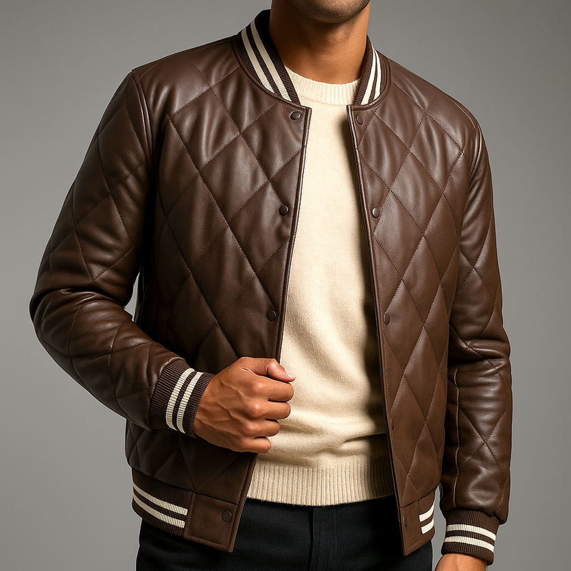 Men’s Quilted Leather Snap-Front Bomber Jacket