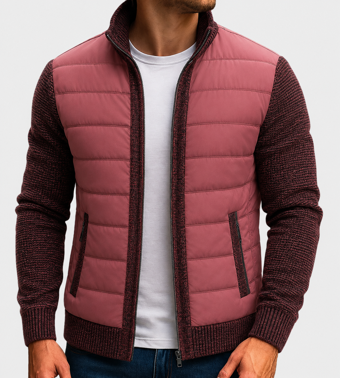 Men’s Hybrid Quilted Puffer Jacket with Knit Sleeves