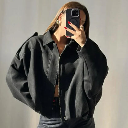 Women’s Oversized Cropped Bomber Jacket with Structured Collar and Zip Front