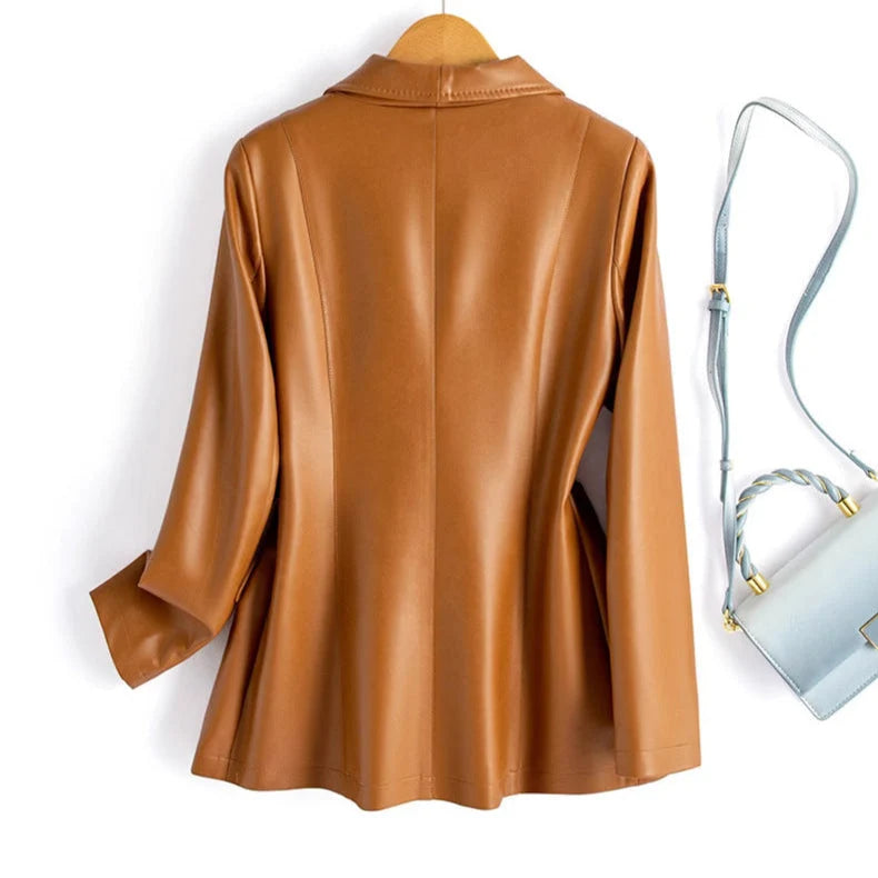 Women’s Longline Faux Leather Notch Lapel Blazer