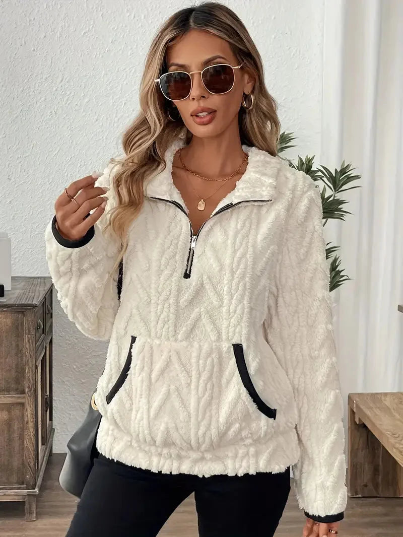 Women’s Cable-Textured Fleece Quarter-Zip Pullover with Kangaroo Pocket