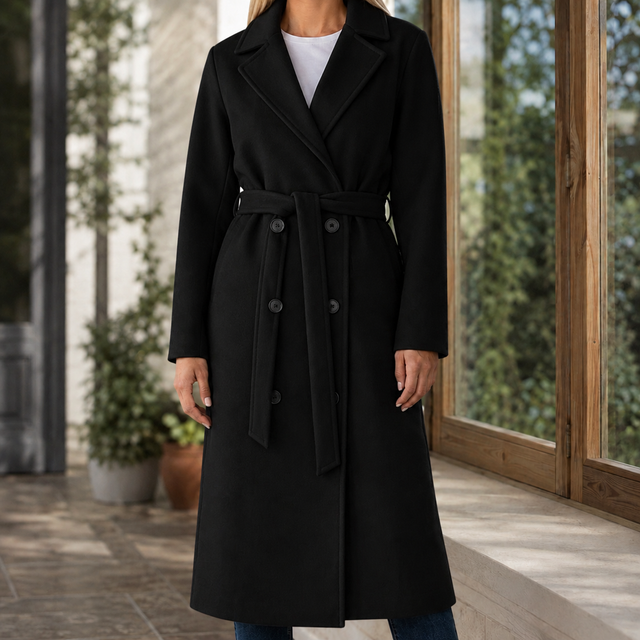 Women’s Long Double-Breasted Belted Coat with Wide Lapels