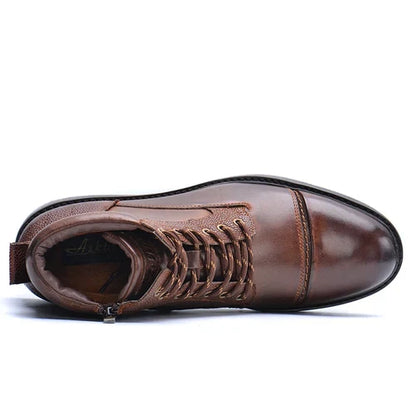Men’s Genuine Leather Brown Boots with Side Zip and Lace-Up Fit