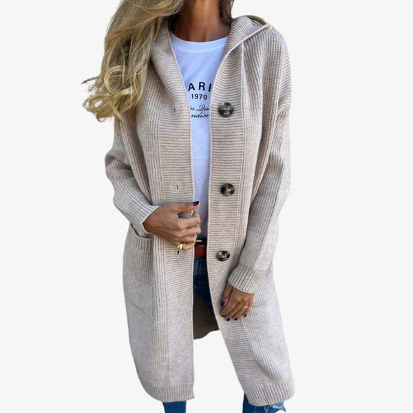 Women’s Ribbed Hooded Long Cardigan with Button Front and Pockets