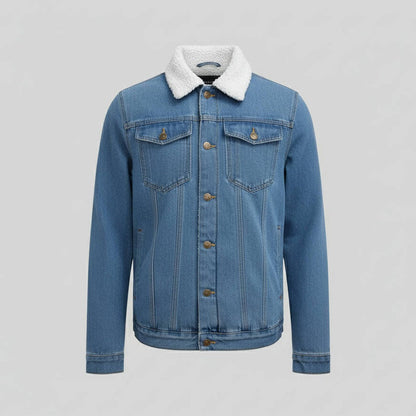 Men’s Sherpa-Lined Denim Trucker Jacket with Turn-Up Collar