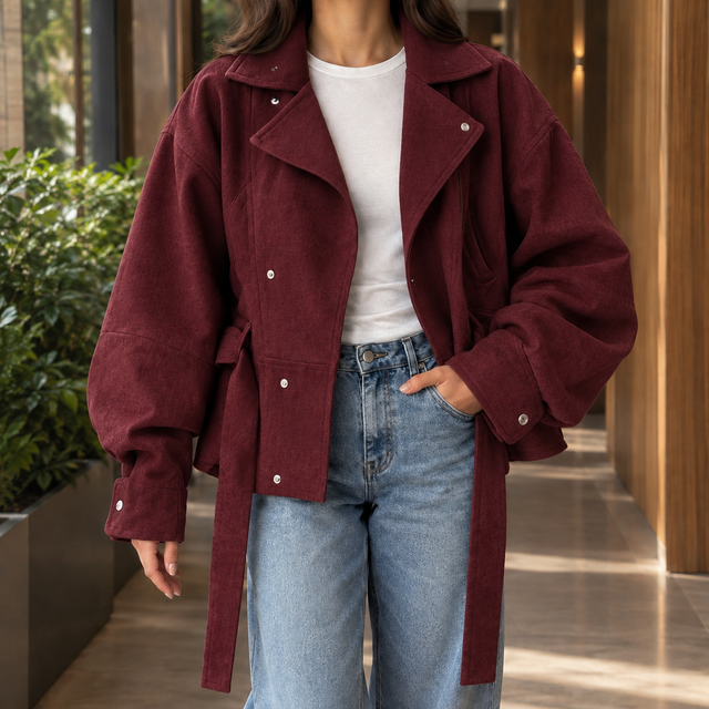 Cropped Belted Moto-Inspired Jacket with Flap Pockets