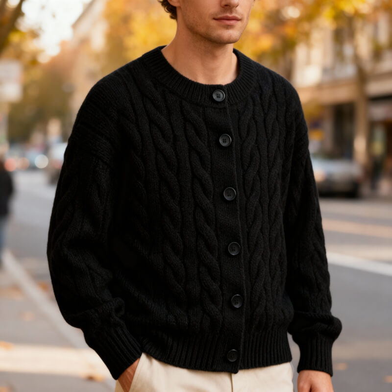 Men’s Wool-Knit Shawl Collar Button Cardigan Coat