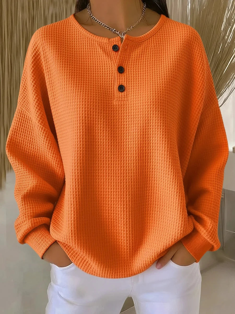 Women’s Textured Henley Knit Pullover with Button Neckline
