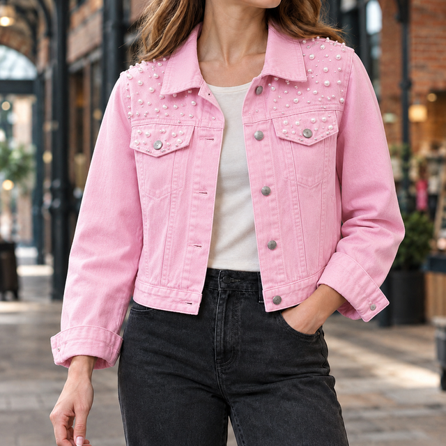 Women’s Cropped Washed Denim Jacket with Pearl-Like Studs