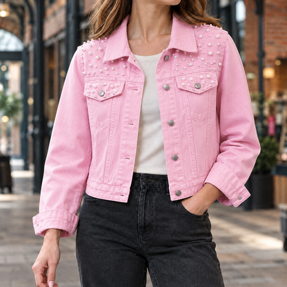 Women’s Cropped Washed Denim Jacket with Pearl-Like Studs