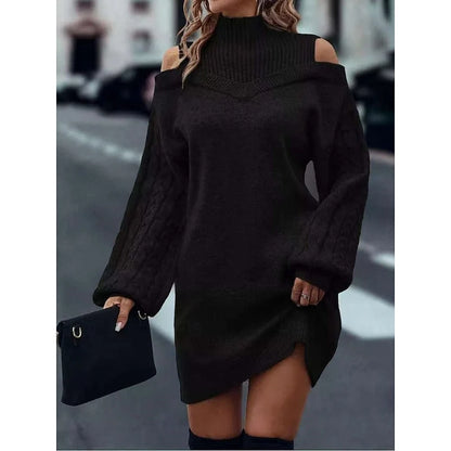 Women's Turtleneck Sweater Dress with Cold-Shoulder Cutouts and Cable-Knit Sleeves