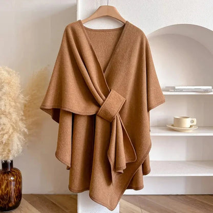 Women’s Windproof Belted Cape Coat with Draped Silhouette
