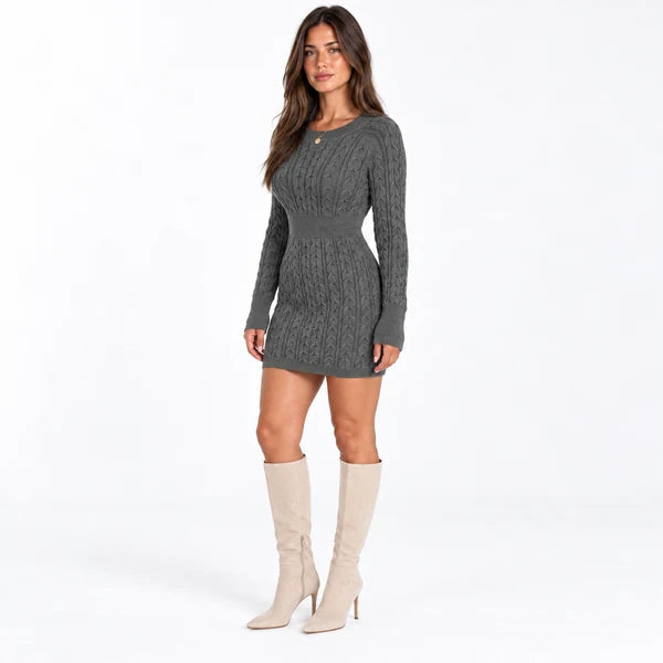 Women's Cable-Knit Mini Dress with Long Sleeves and Defined Waist