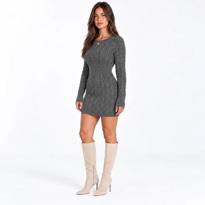 Women's Cable-Knit Mini Dress with Long Sleeves and Defined Waist