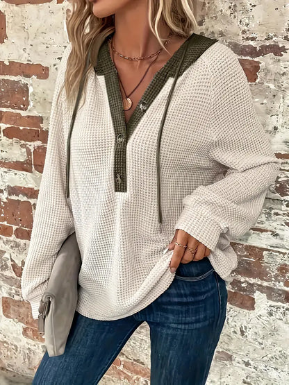 Women’s Waffle Knit Hooded Button-Front Long Sleeve Top