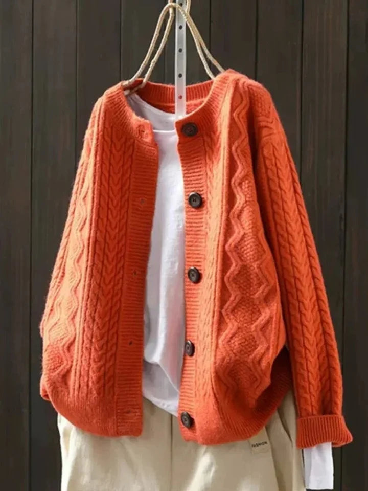 Women’s Oversized Textured Cable-Knit Button-Front Cardigan with Ribbed Trim