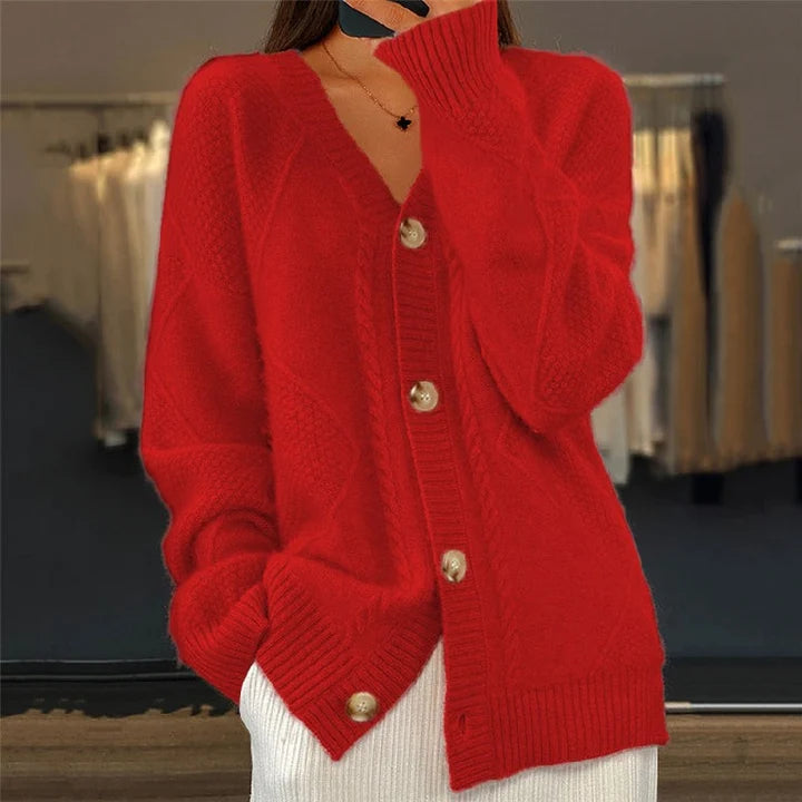 Women’s Oversized Textured Cable Knit V-Neck Button-Front Cardigan