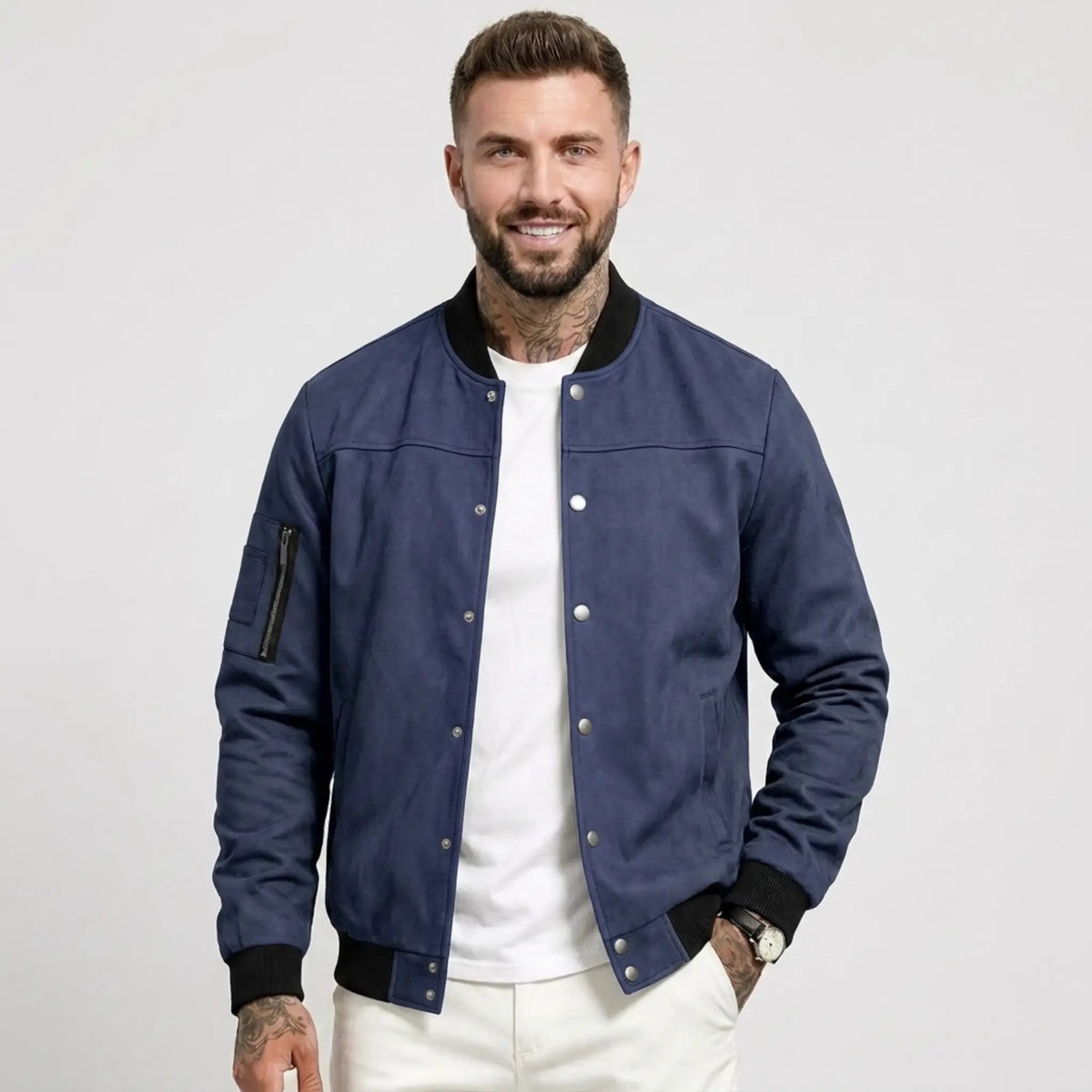 Men’s Suede-Texture Stand Collar Button-Up Jacket