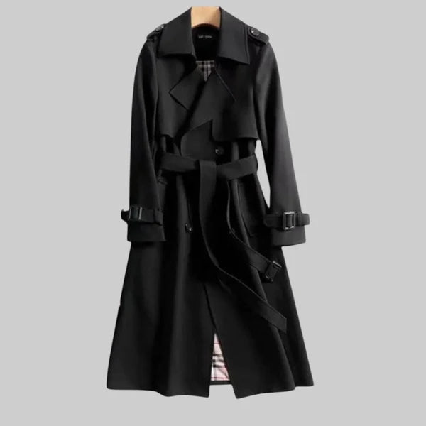 Women’s Long Double-Breasted Trench Coat with Adjustable Waist Belt