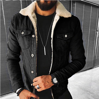 Men’s Borg-Collar Washed Denim Trucker Jacket