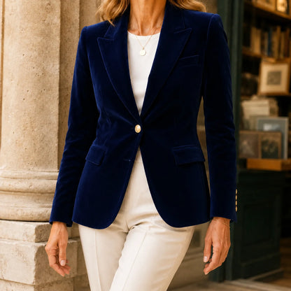 Women’s Velvet-Finish Tailored Blazer with Peak Lapels and Gold-Tone Details