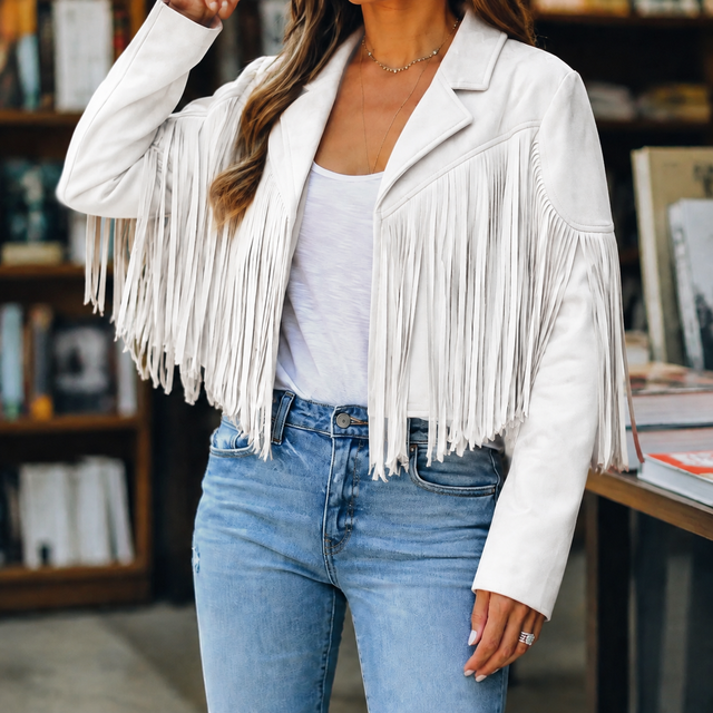 Women’s Cropped Fringe Jacket with Notched Lapels