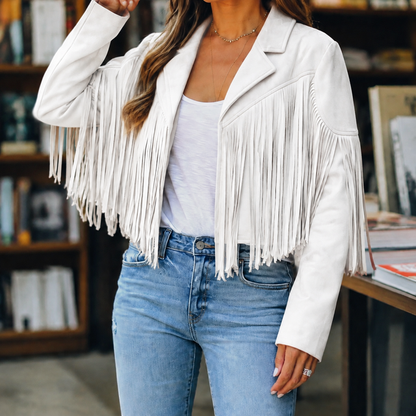 Women’s Cropped Fringe Jacket with Notched Lapels