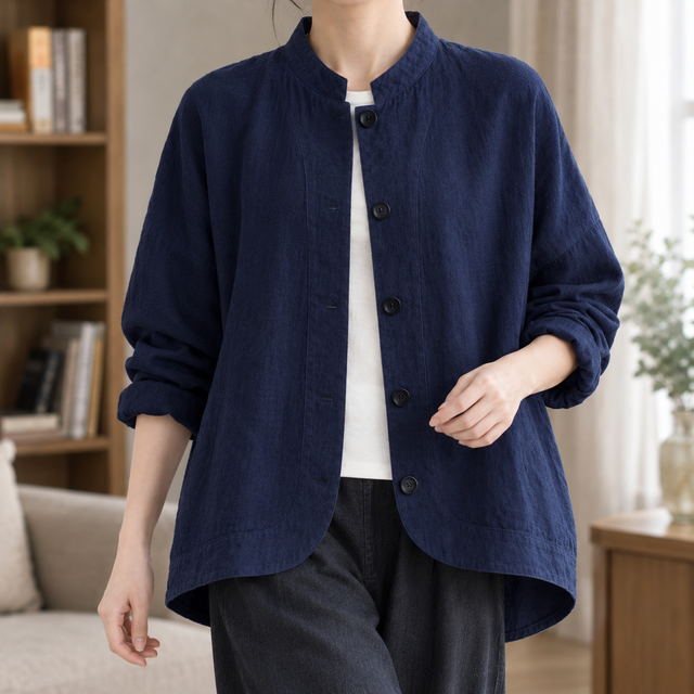 Women’s Relaxed Batwing Cotton Blend Jacket with Stand Collar
