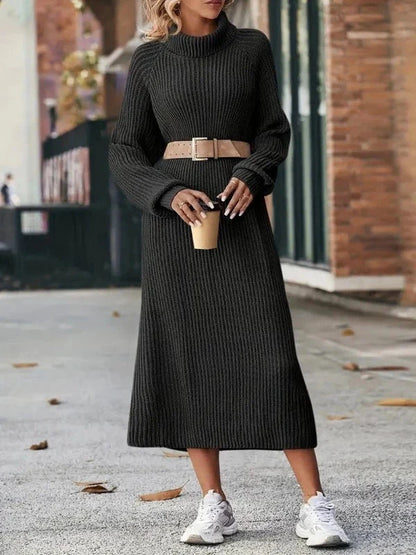 Women's Ribbed Turtleneck Maxi Sweater Dress with Long Sleeves
