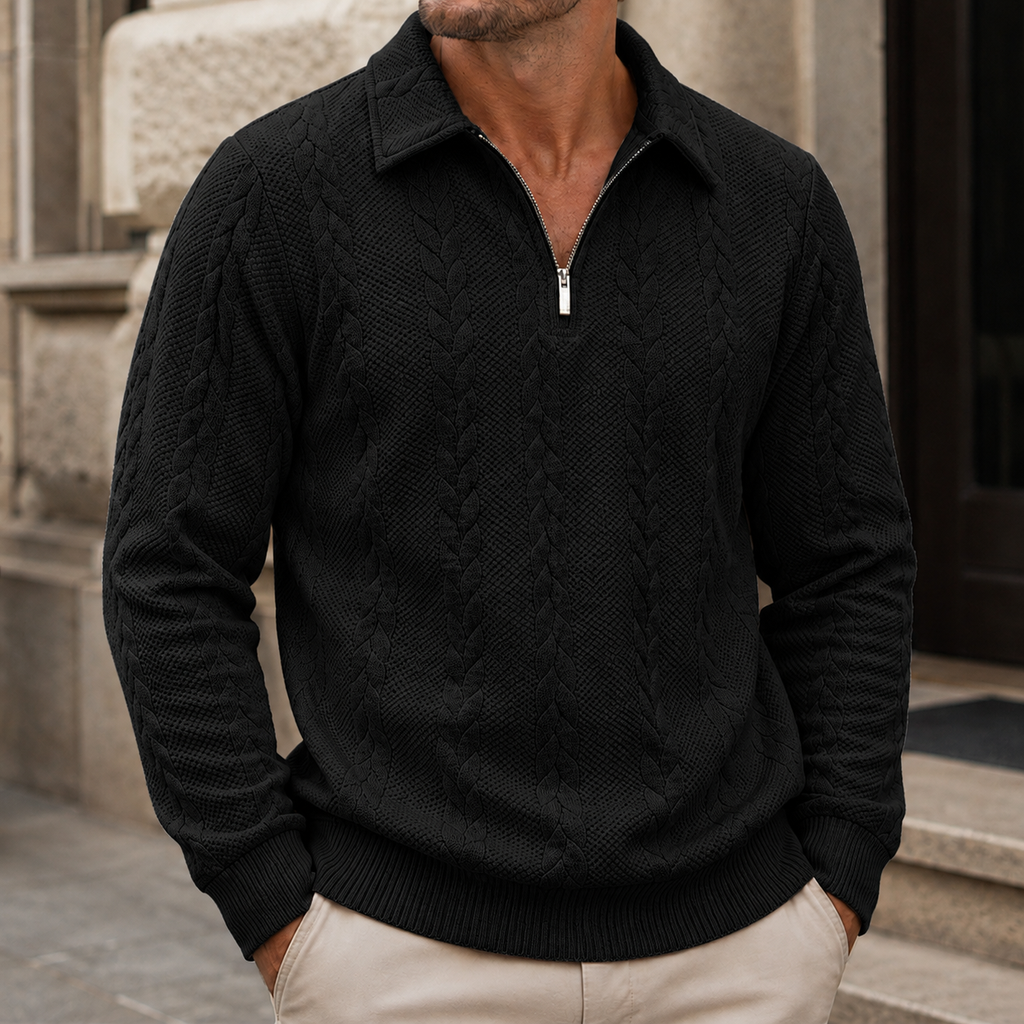 Men’s Textured Cable-Knit Collared Half-Zip Sweater