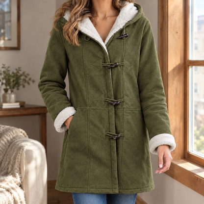 Plush-Lined Longline Toggle Jacket with Hood