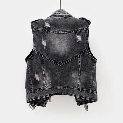 Women’s Distressed Cotton Denim Moto Vest with Asymmetric Zip
