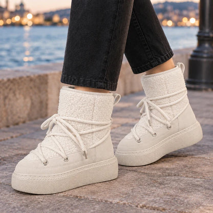 Women’s Cotton-Blend Platform Snow Boots with Wraparound Laces