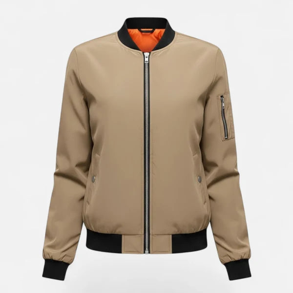 Women’s Minimalist Zip-Front Bomber Jacket with Round Neck