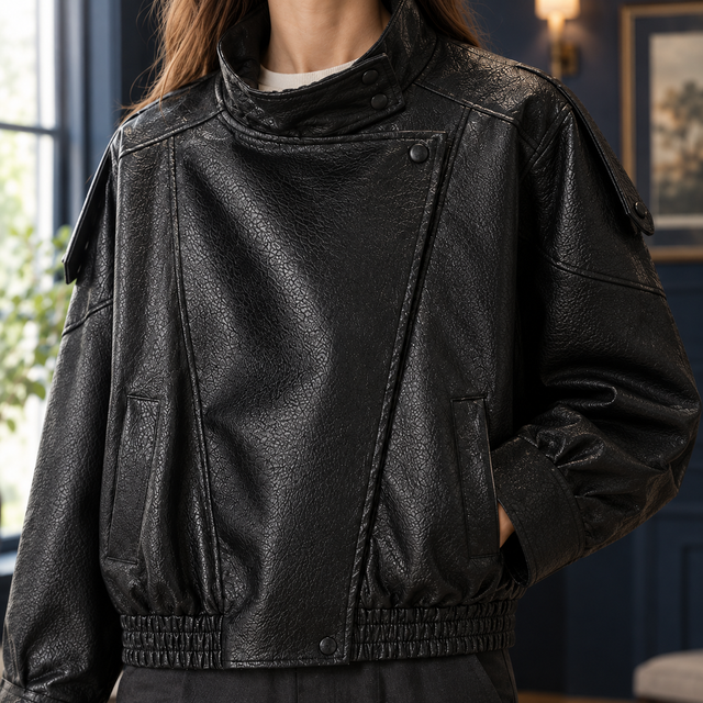 Cropped Leather-Look Asymmetric Moto Jacket