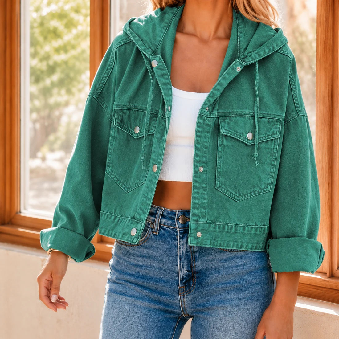 Women’s Washed Cotton-Blend Cropped Hooded Jacket