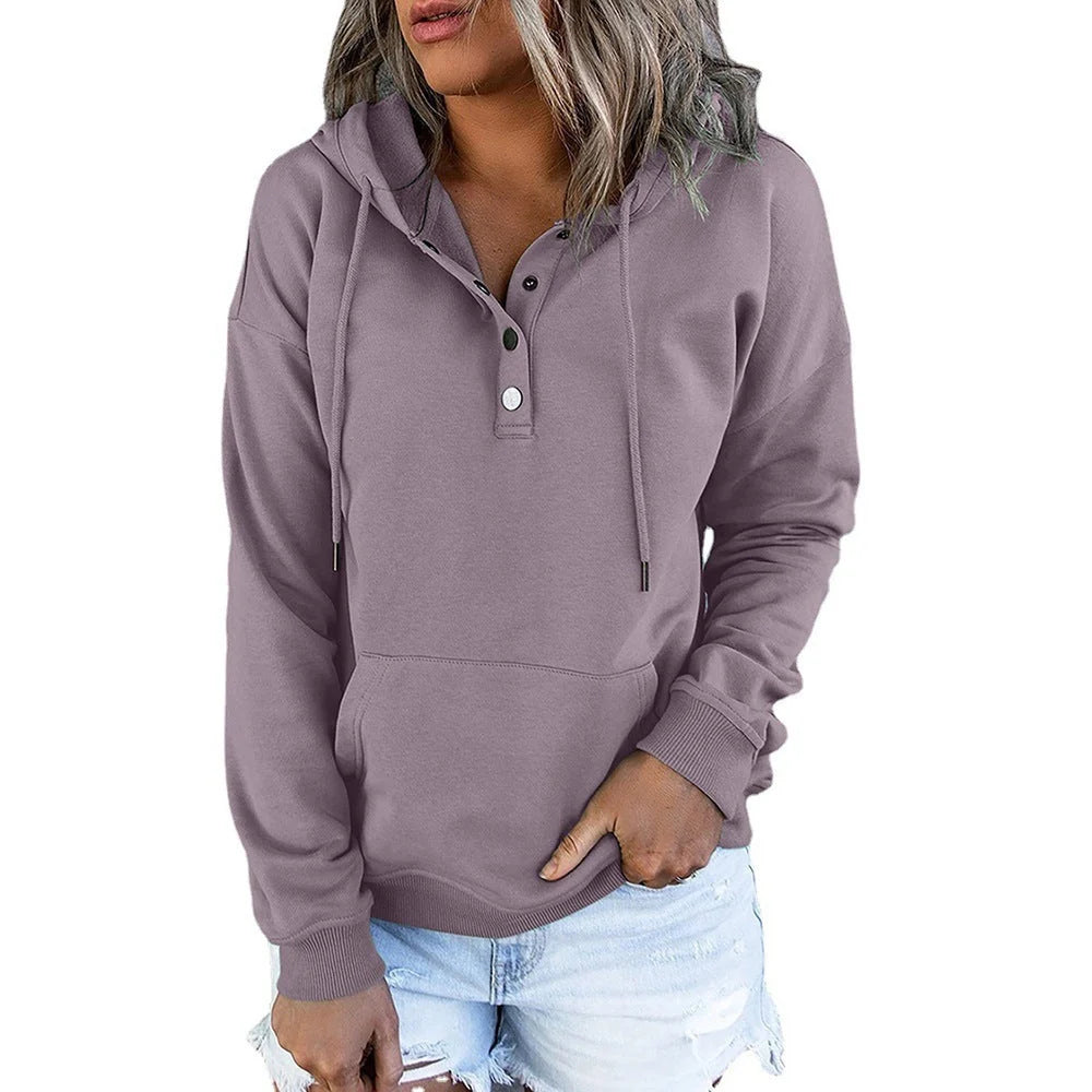 Women’s Relaxed Button-Placket Hooded Pullover with Kangaroo Pocket