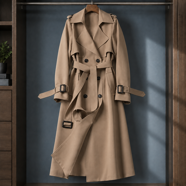 Long Flared Double-Breasted Belted Overcoat