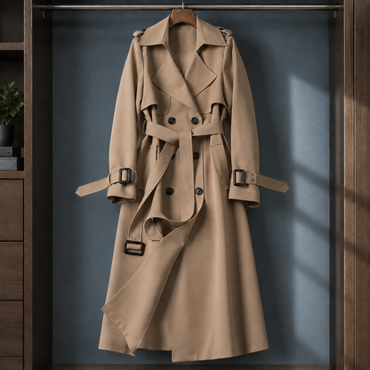 Long Flared Double-Breasted Belted Overcoat