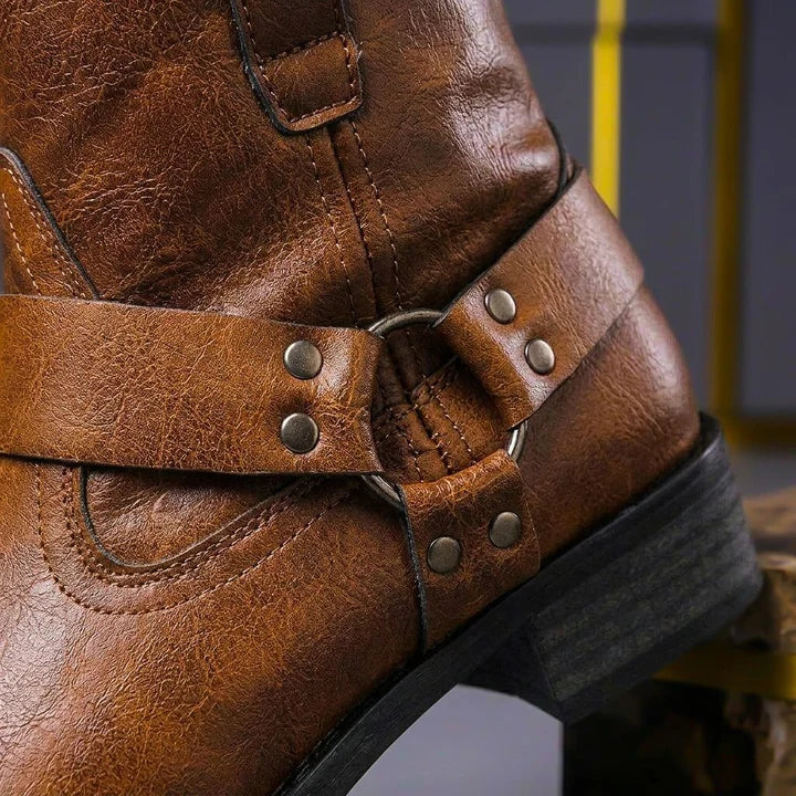 Men’s Genuine Leather Ankle Boots with Western Harness Strap