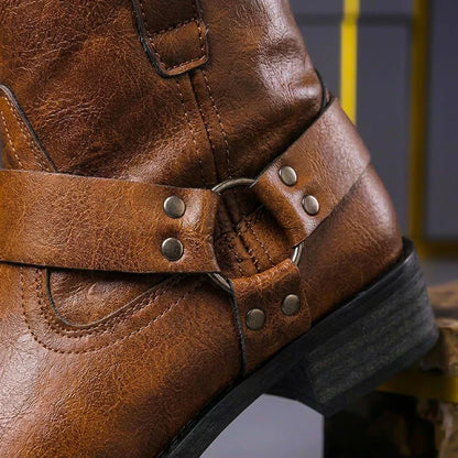 Men’s Genuine Leather Ankle Boots with Western Harness Strap