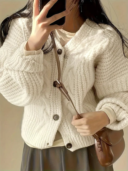 Women’s Cropped Textured Cable Knit V-Neck Button Cardigan