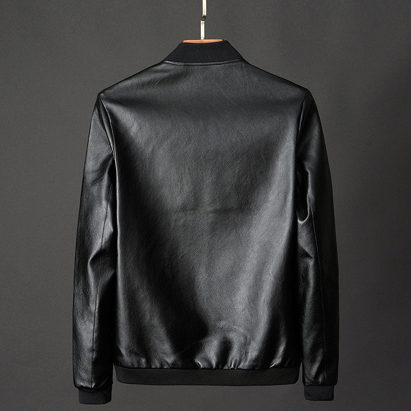 Men’s Smooth Faux Leather Ribbed Collar Bomber Jacket