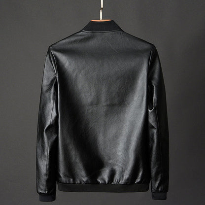 Men’s Smooth Faux Leather Ribbed Collar Bomber Jacket