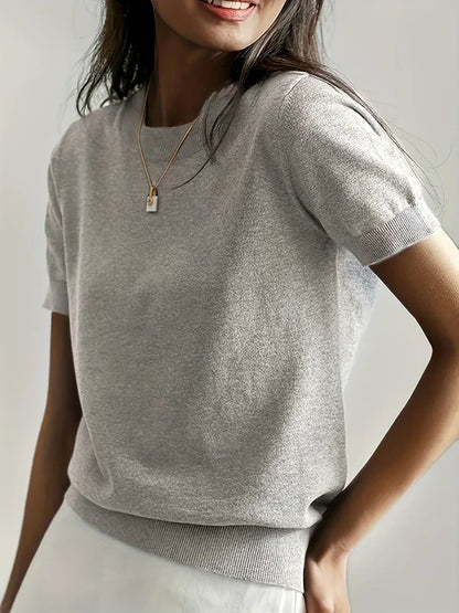 Women’s Lightweight Short-Sleeve Crew Neck Knit Top with Ribbed Trim
