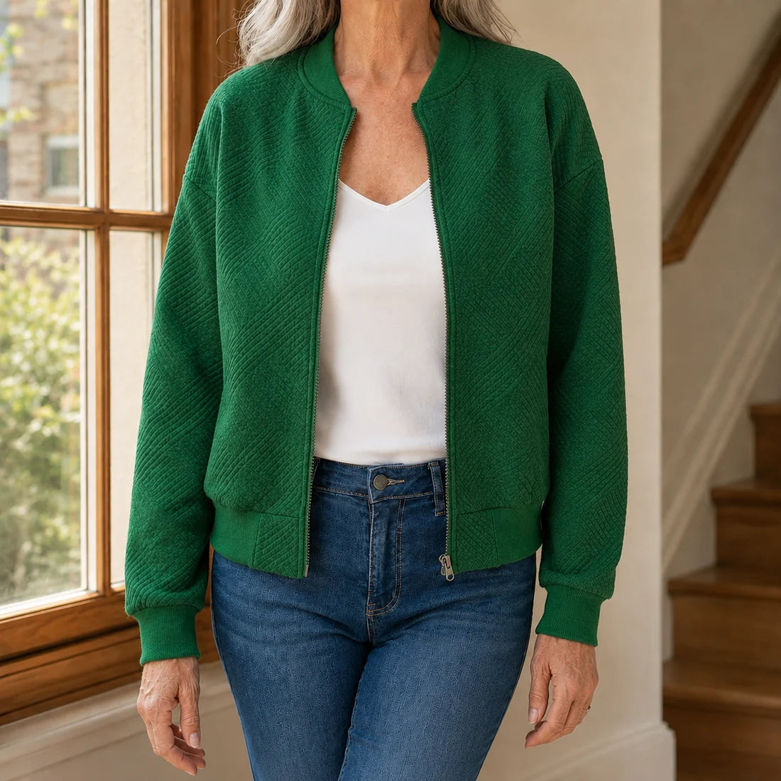 Women’s Relaxed Textured Zip Jacket with Ribbed Trim