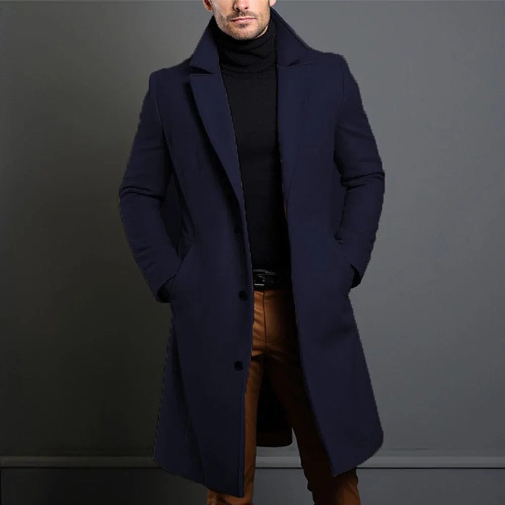 Men’s Long Tailored Wool-Blend Overcoat with Notch Lapels