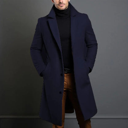 Men’s Long Tailored Wool-Blend Overcoat with Notch Lapels