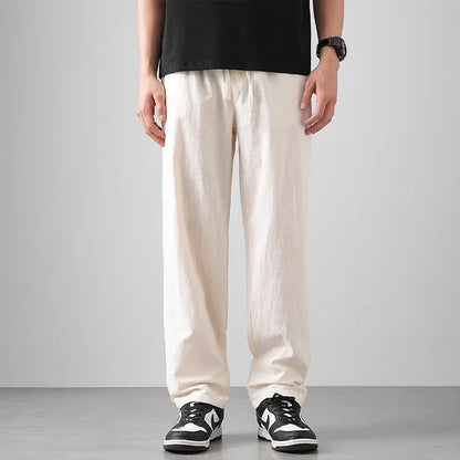 Men’s Relaxed Tapered Linen Trousers with Drawstring Waist
