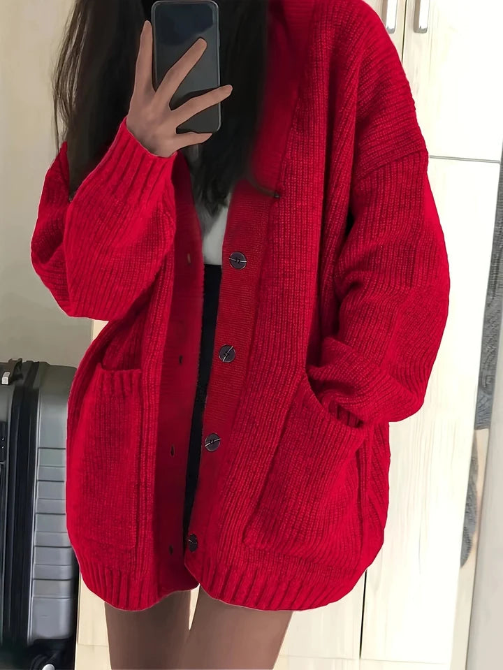 Women’s Oversized Ribbed Knit Button-Front Cardigan with Patch Pockets
